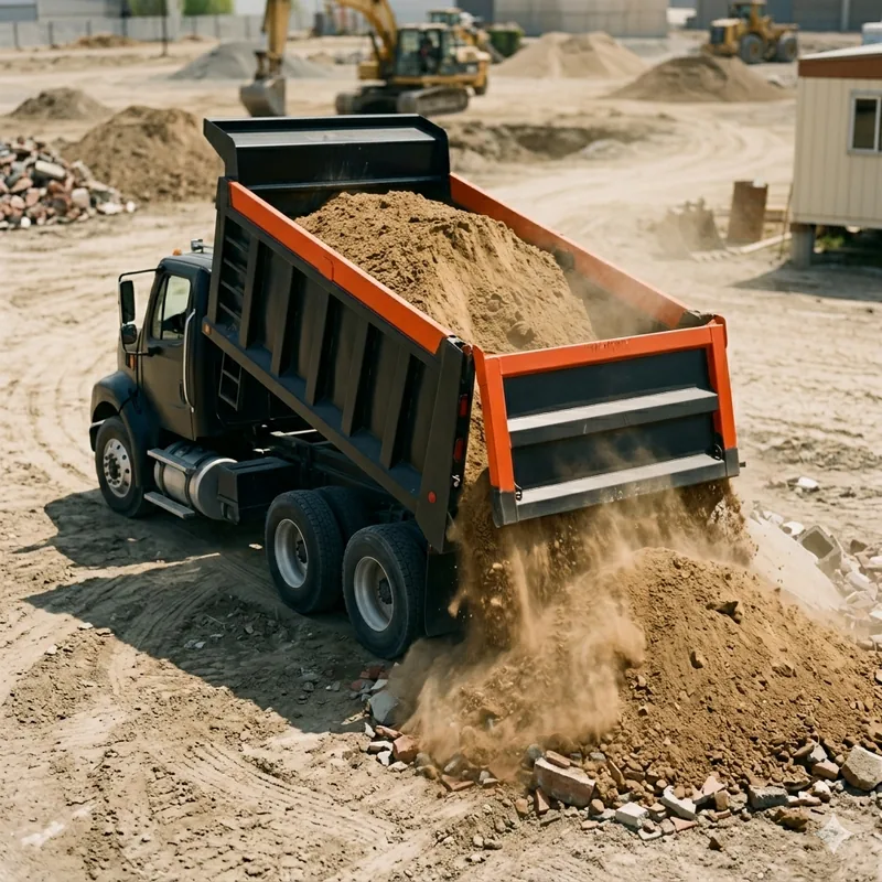 Camion volteo descargando material en obra